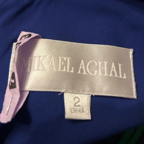 Mikael Aghal Royal Blue High Neck Sleeveless Ruffle Waist Slit Leg Maxi Dress 2 - Picture 3 of 6